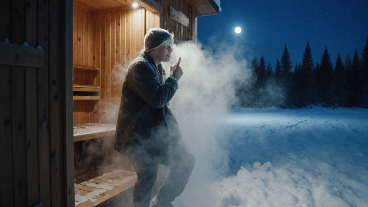 Человек выходит из сауны в снежную ночь, пар поднимается вокруг, луна освещает снег — момент перехода от тепла к холоду.