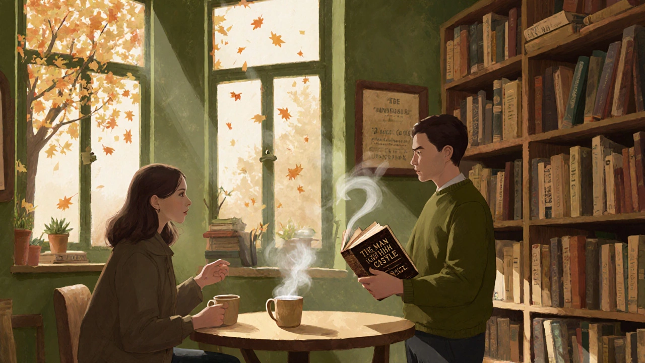 Два человека обсуждают книгу в уютной книжной лавке, осенний свет падает на полки с книгами.