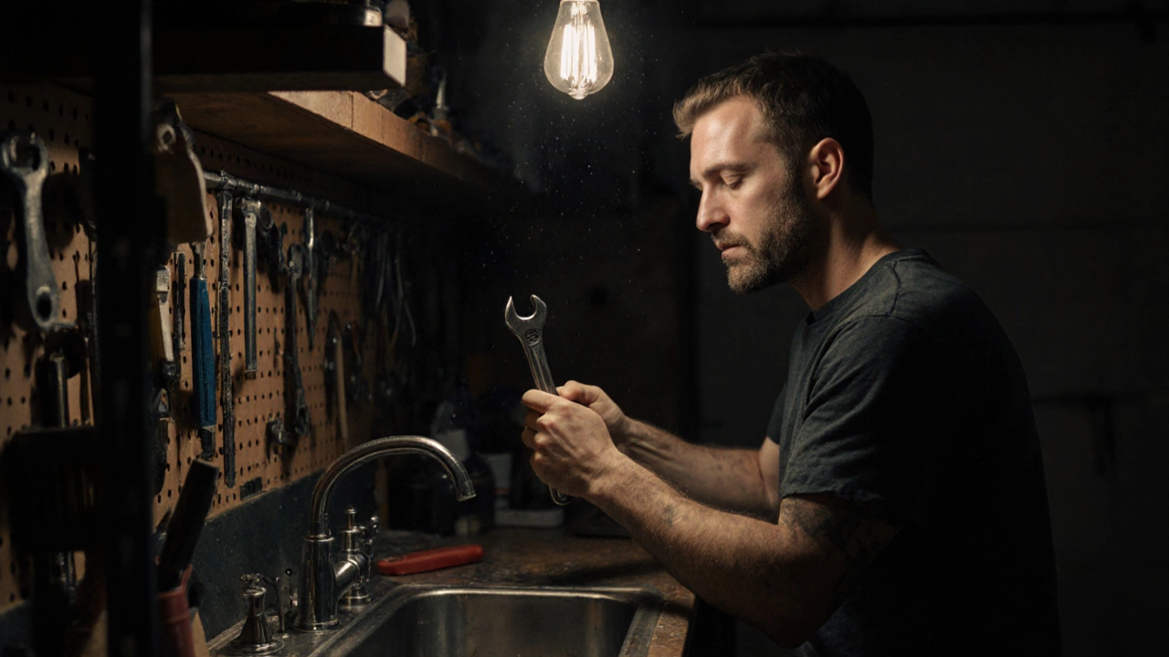 Мужчина чинит кран в гараже, сосредоточенный на работе руками.