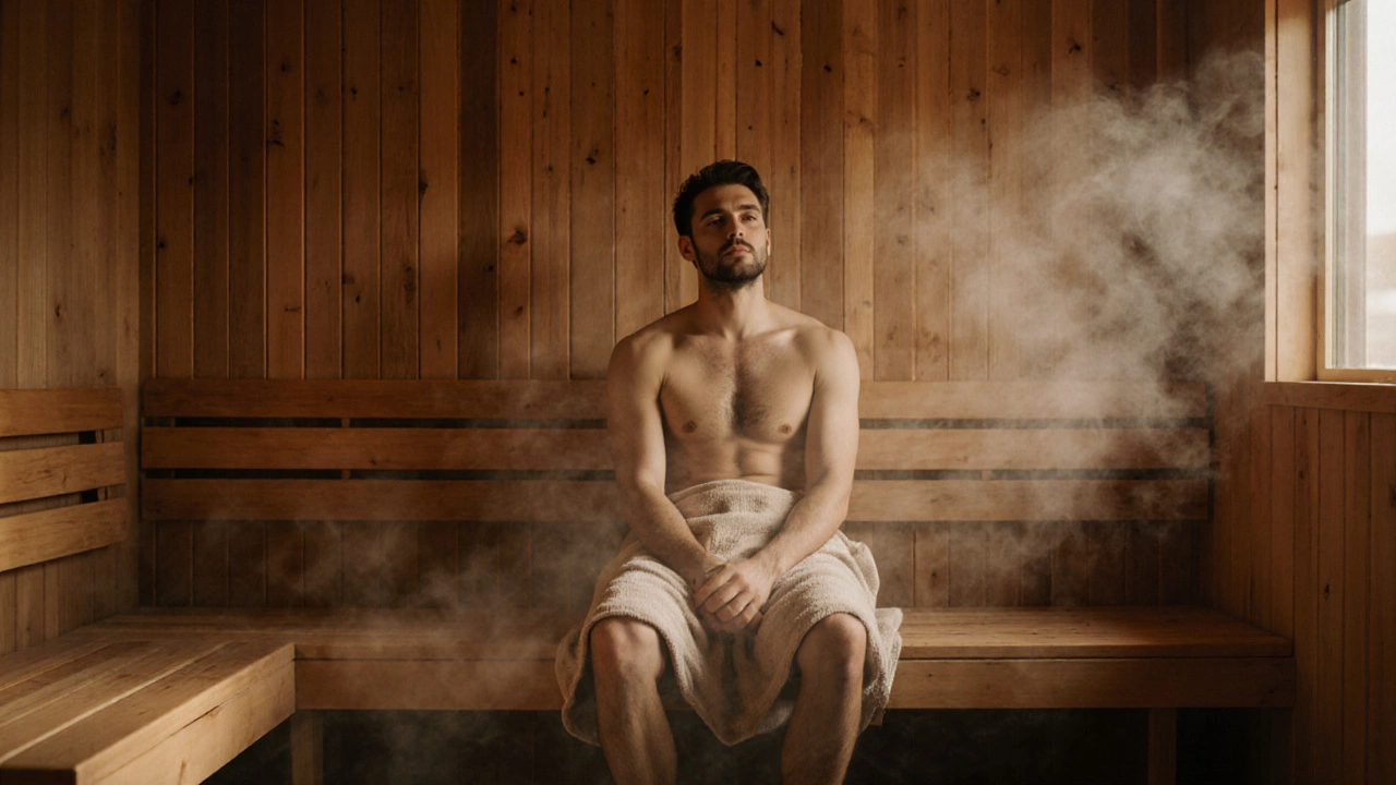 Мужчина в сауне, расслабленный и один, в тепле и пару.