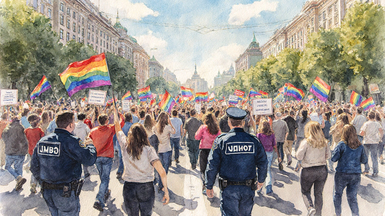 Прайд‑парад в Санкт‑Петербурге: толпа с радужными флагами, волонтёры и полиция.