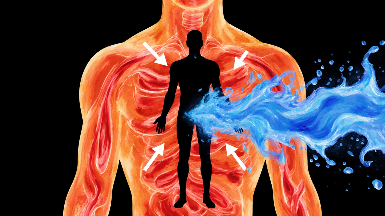 Силуэт тела с тепловыми и холодными волнами, символизирующими перезагрузку нервной системы после сауны.