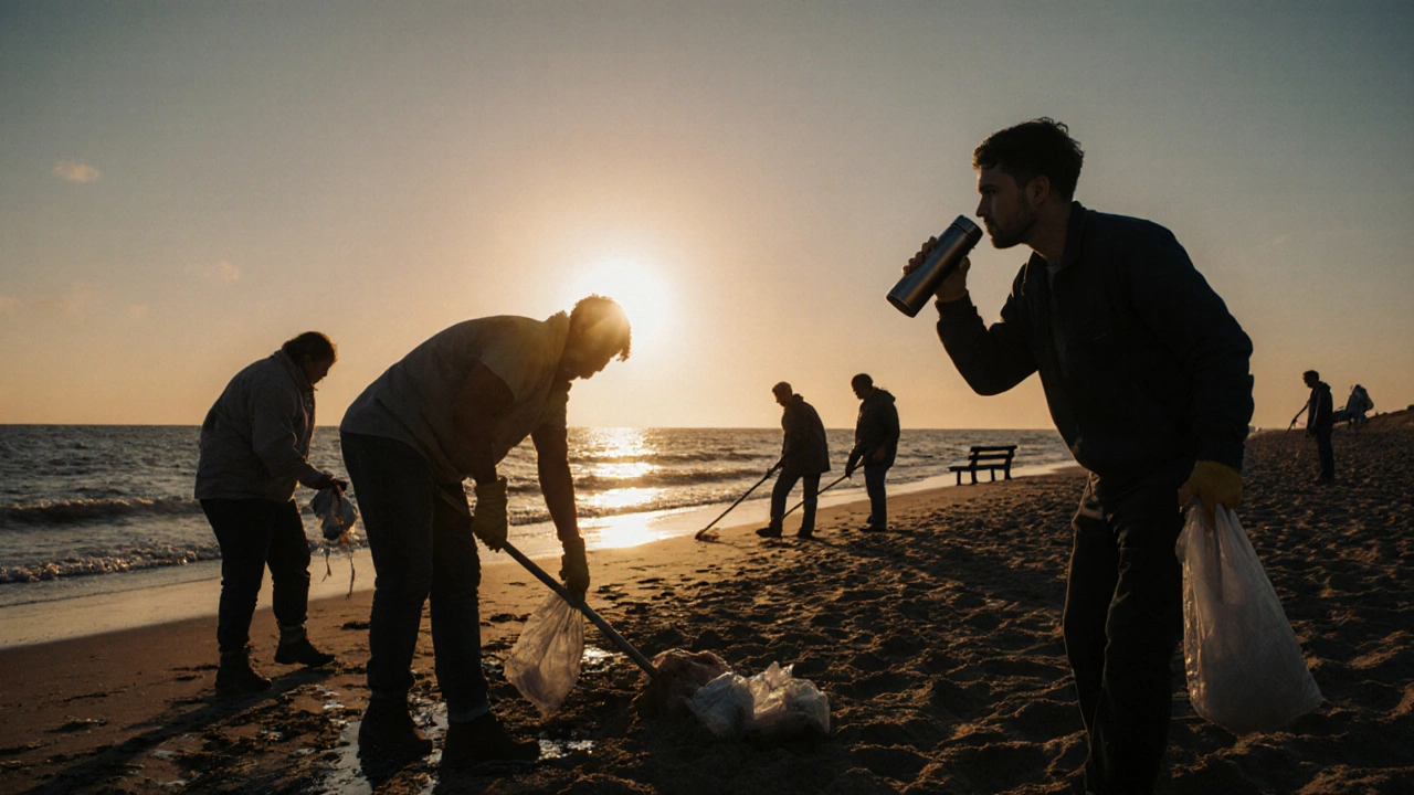 Волонтеры убирают берег Балтики на закате, один из них пьет кофе из термоса, смотря на воду.