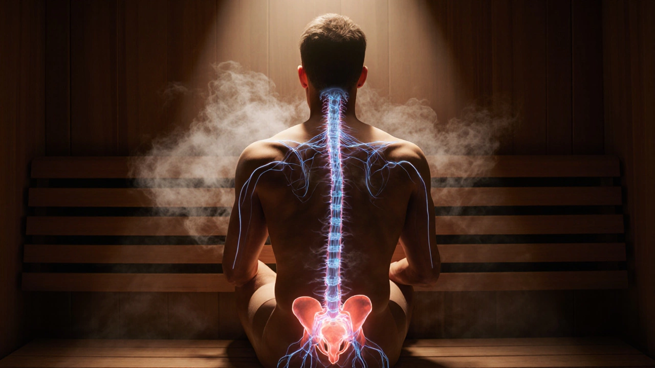 Анатомические линии на теле мужчины в сауне символизируют усиленный кровоток при расслаблении.