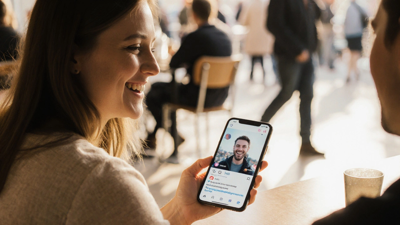 Человек в кафе разговаривает с другом, на телефоне — проверенный профиль знакомств, вдали — скрытая фигура с фейковым аккаунтом.