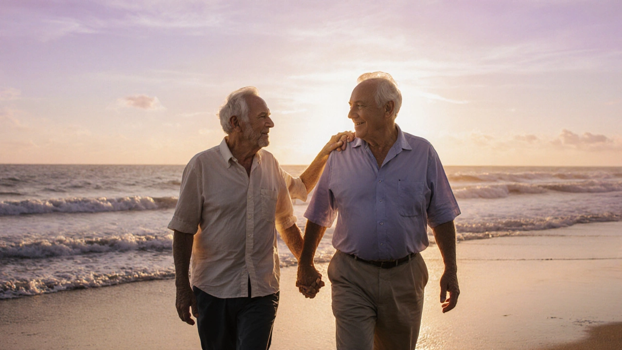 Два пожилых мужчины держатся за руки, гуляют на пляже на закате, выражая тихую близость.
