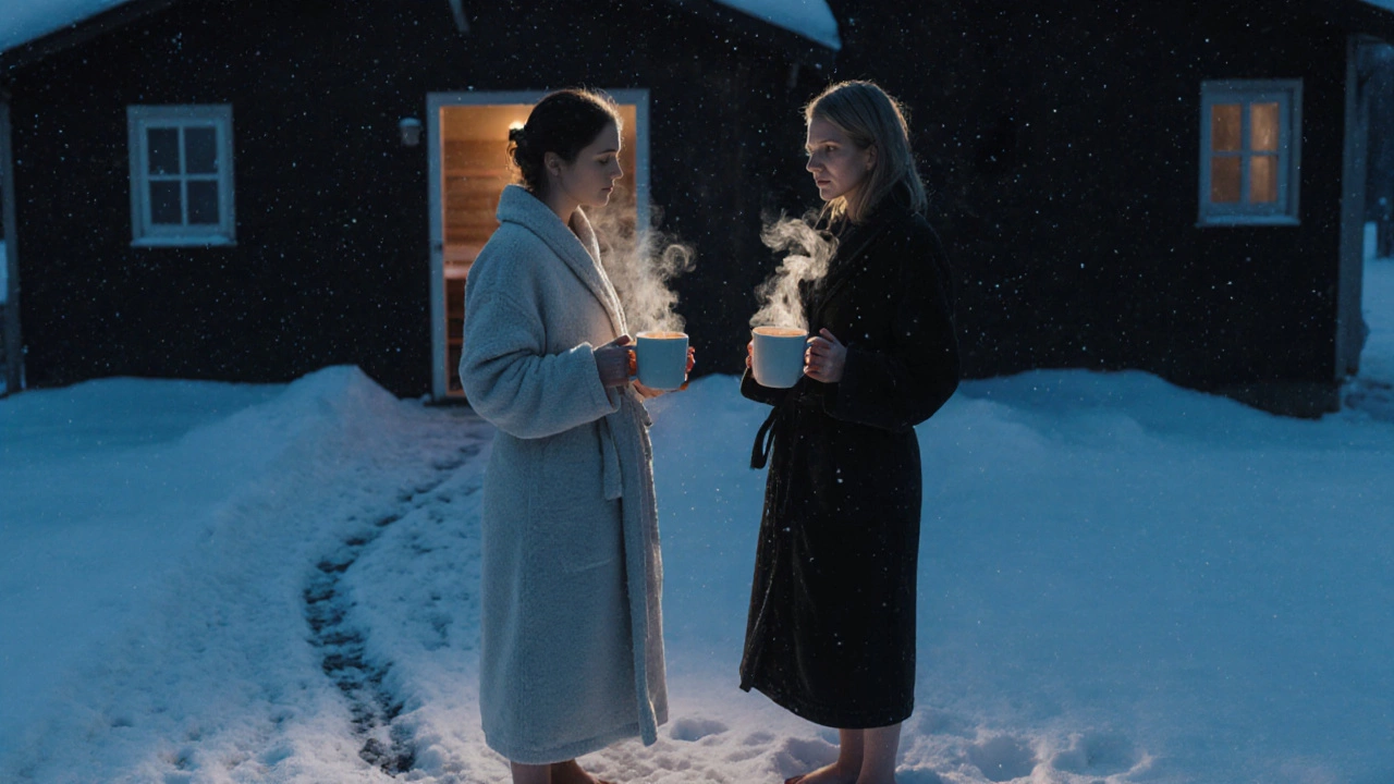 Две женщины с чаем на улице после сауны, дым поднимается в холодном воздухе, следы босых ног в снегу.