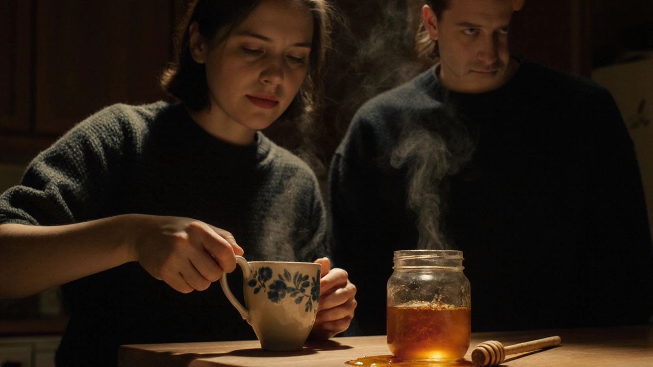 Двое готовят чай на кухне, мед пролился на стол, теплое освещение и естественные текстуры.