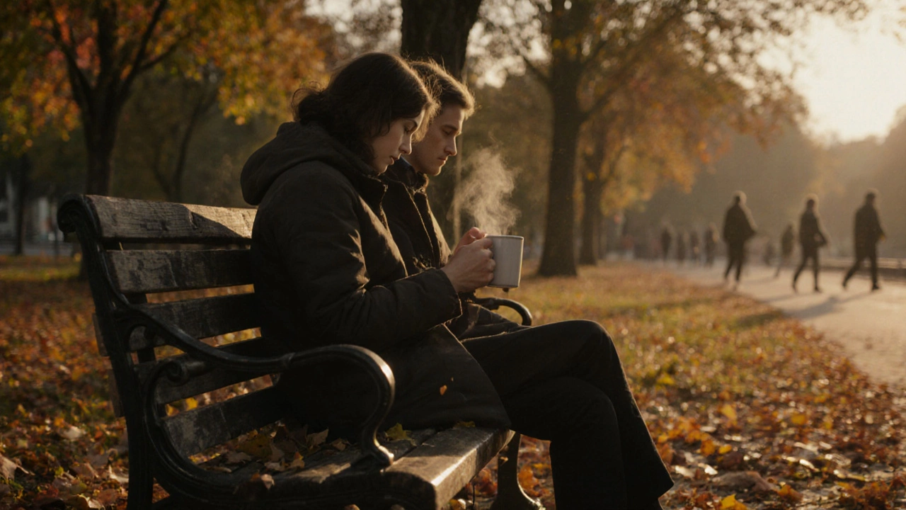 Двое сидят на скамейке в парке осенью, листья падают вокруг, атмосфера спокойная и уютная.
