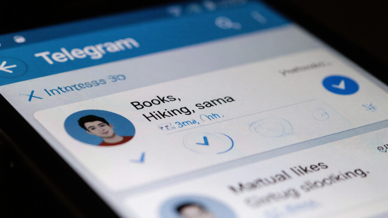 Экран телефона с ботом знакомств: текстовые профили с интересами и взаимными лайками.