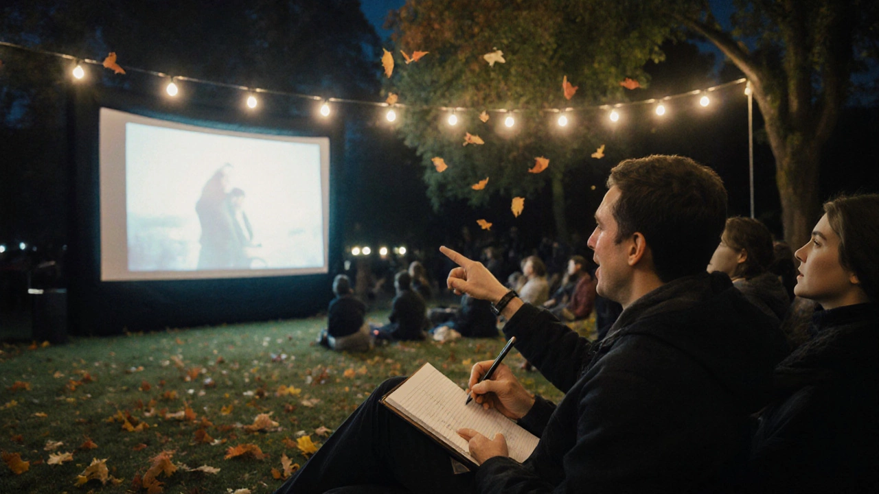 Люди в парке на открытом кинотеатре, сидят рядом, смотрят фильм в тихой атмосфере.