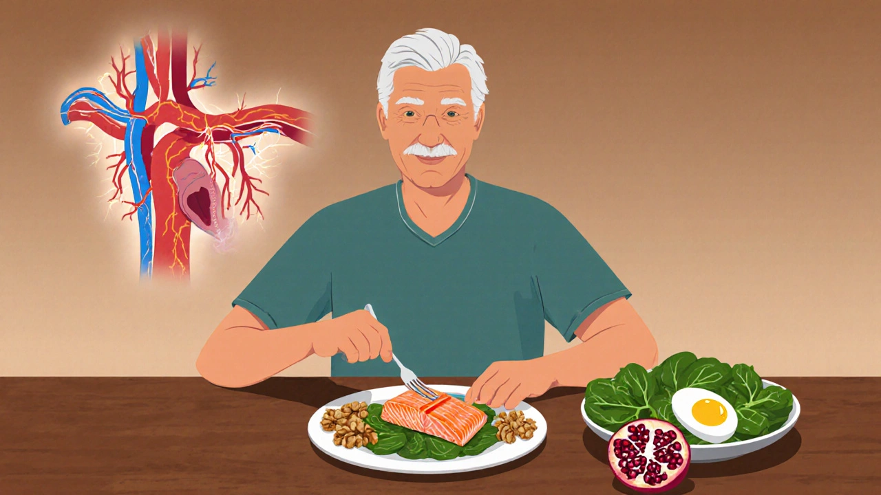 Мужчина 50+ ест здоровую пищу — лосось, орехи, яйца — с визуализацией улучшенного кровотока.