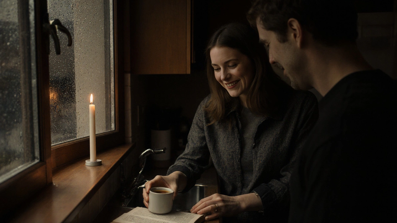 Мужчина кладет чашку чая рядом с книгой девушки в кухне при свече.