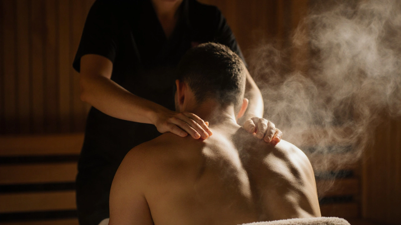 Мужчина получает массаж в сауне, массажист работает на спине, тепло и пар создают атмосферу уюта.