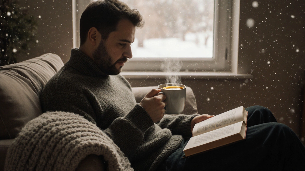 Мужчина с чашкой чая и пледом на диване, зимний свет за окном.