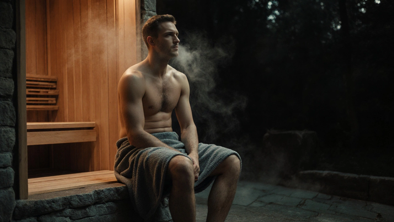 Мужчина сидит вне сауны, дышит глубоко, тело еще влажное от пара, спокойно смотрит вдаль.