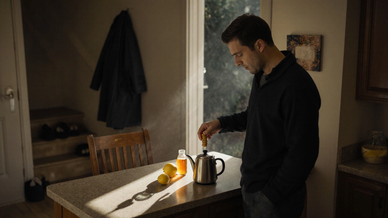 Мужчина ставит чай с лимоном и мёдом на стол, ожидая кого-то.