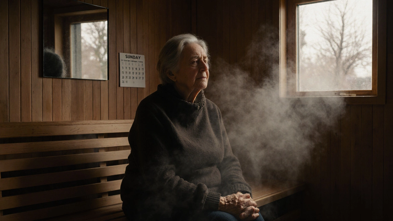 Пожилая женщина в сауне с закрытыми глазами, мягкий свет и пар вокруг неё.