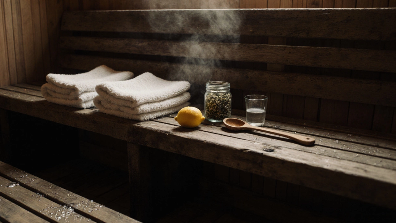 Пустые полки в сауне с лимоном и ромашкой — следы тишины и заботы без слов.