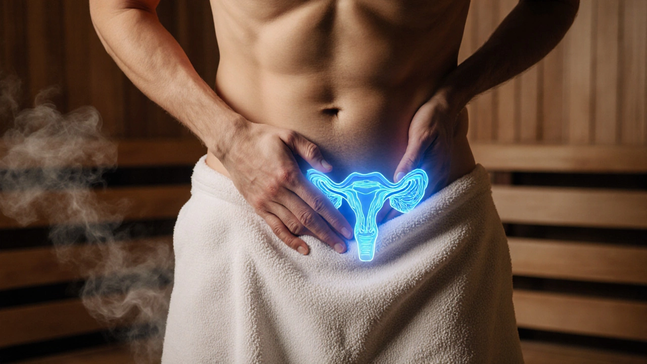 Рука массирует низ живота через полотенце, с едва заметным контуром простаты под кожей.