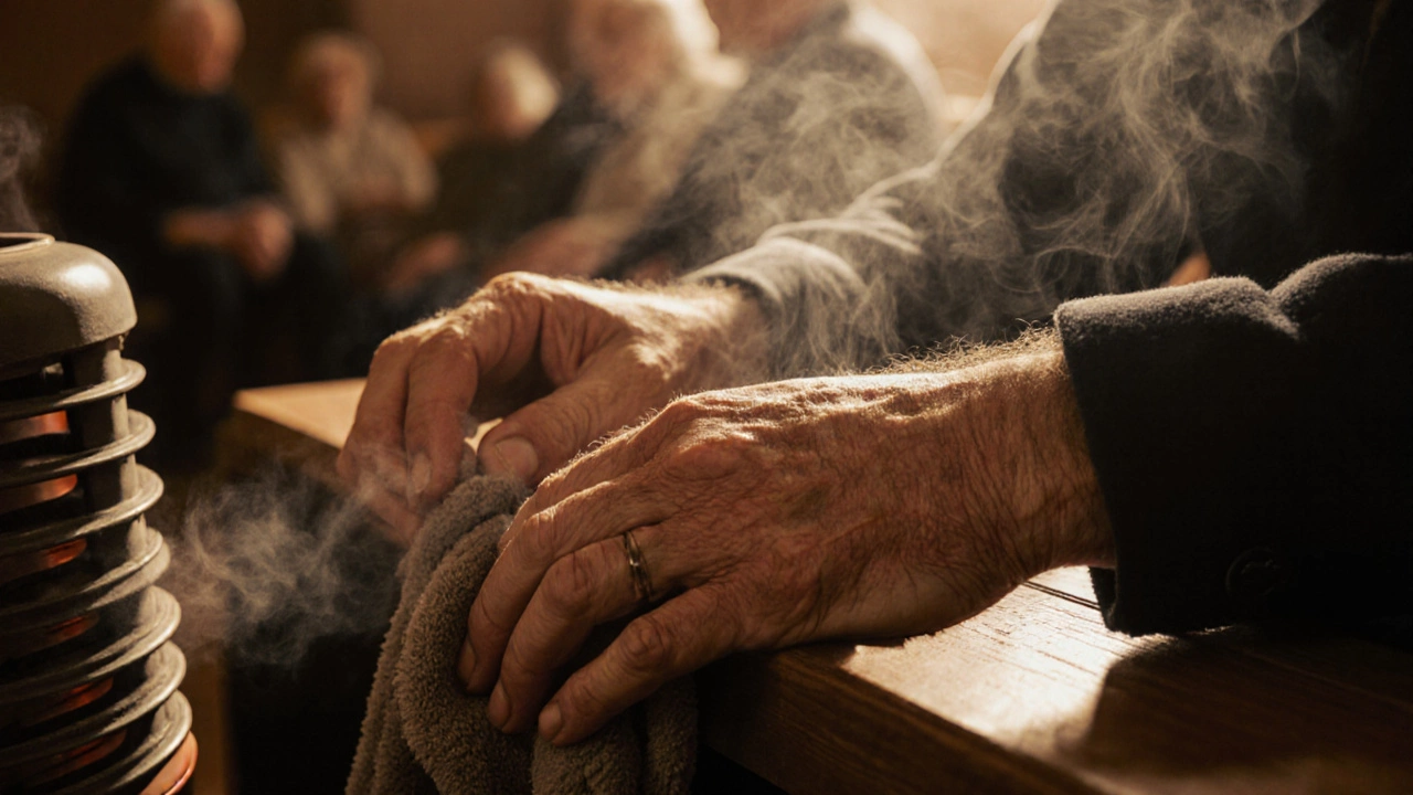 Руки пожилого человека на деревянной скамье в сауне, тепло и пар вокруг.