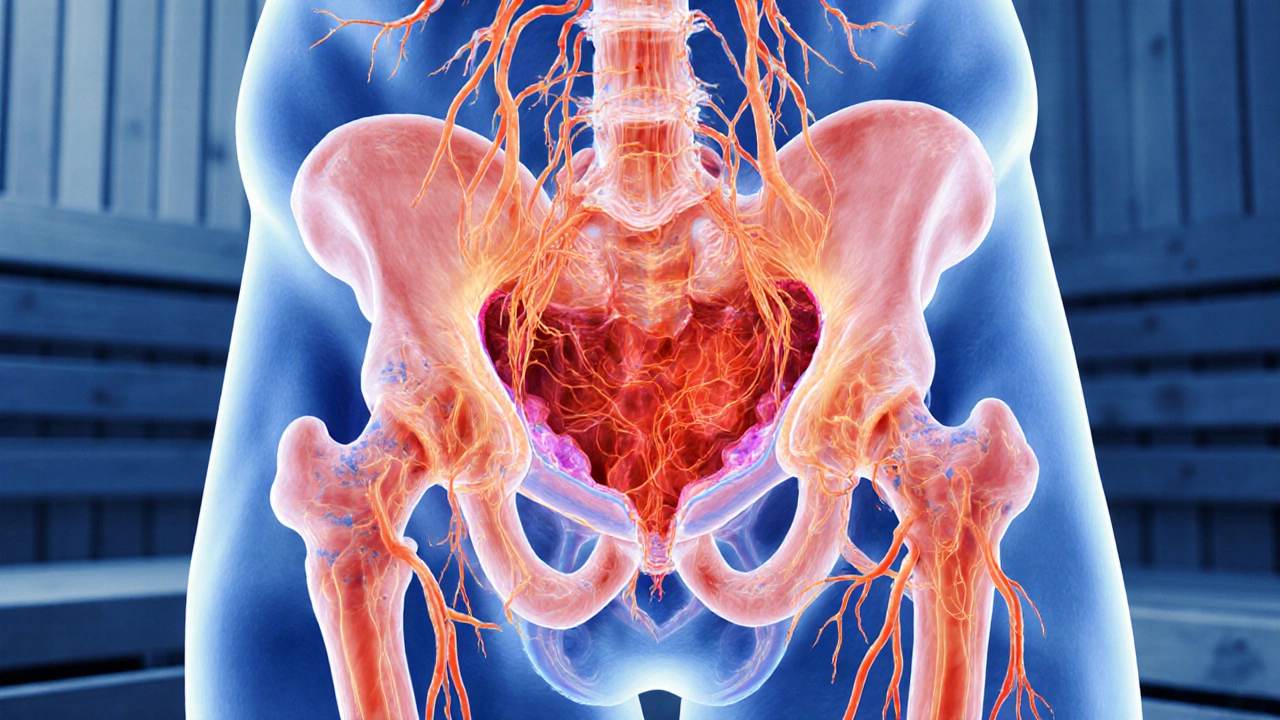 Схематичное изображение расширения кровеносных сосудов в пенисе под действием тепла, с тёплыми оттенками крови.