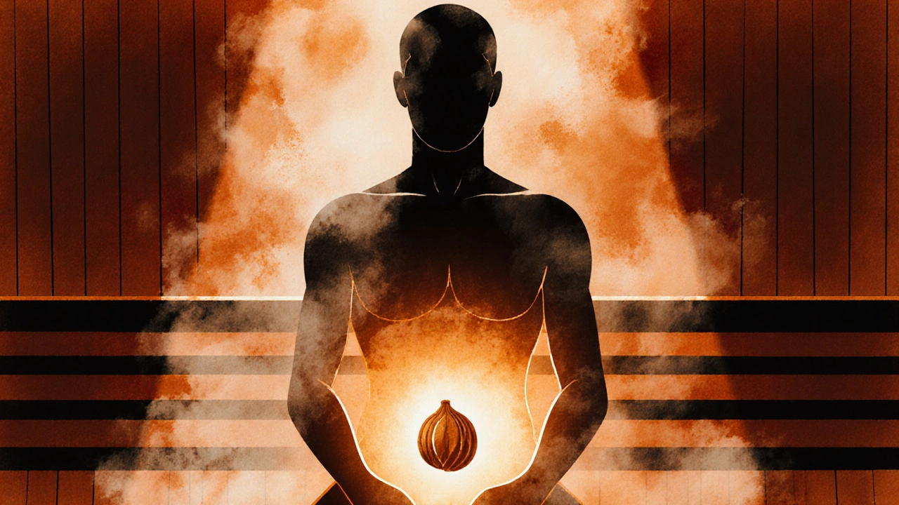 Теплое сияние вокруг тазовой области в парной, символизирующее улучшение кровотока.