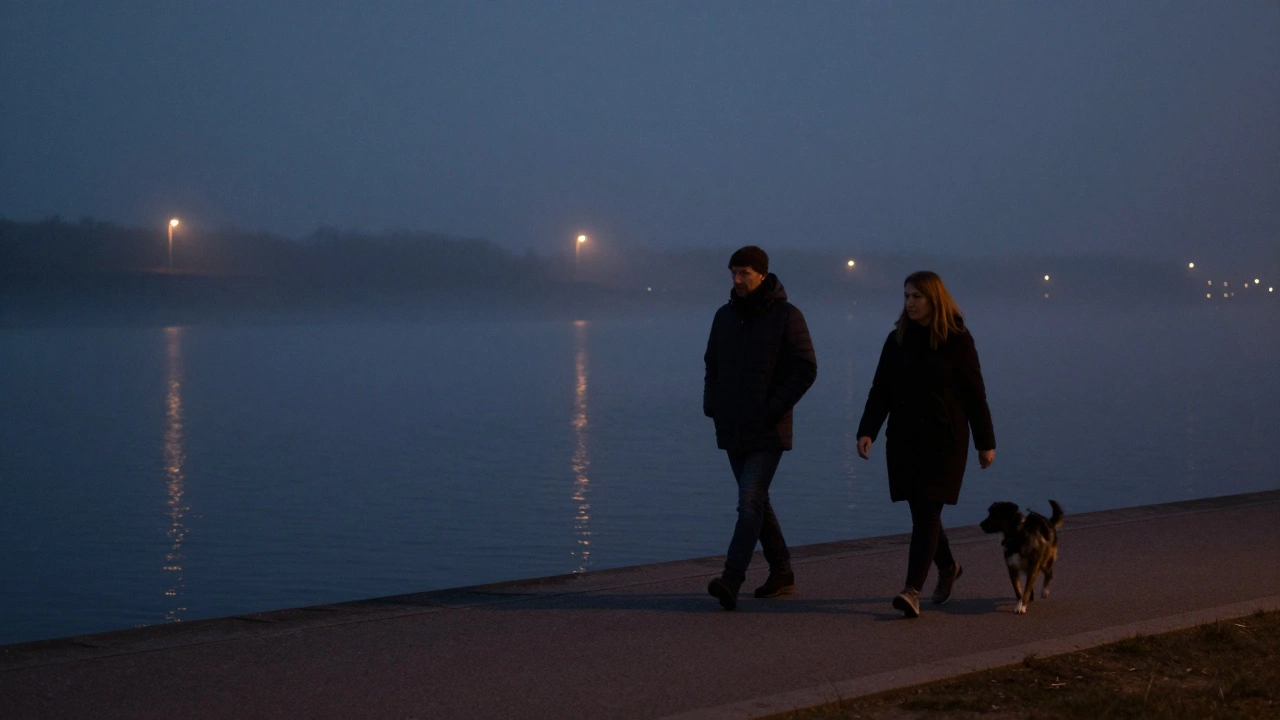 Человек и женщина гуляют по набережной ночью, рядом с собакой, тихие огни отражаются в воде.