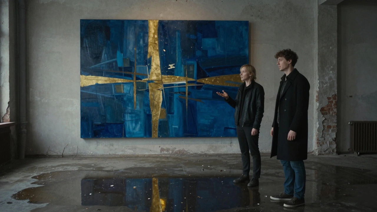 Два незнакомца стоят рядом, вдумчиво глядя на абстрактное искусство в складе.