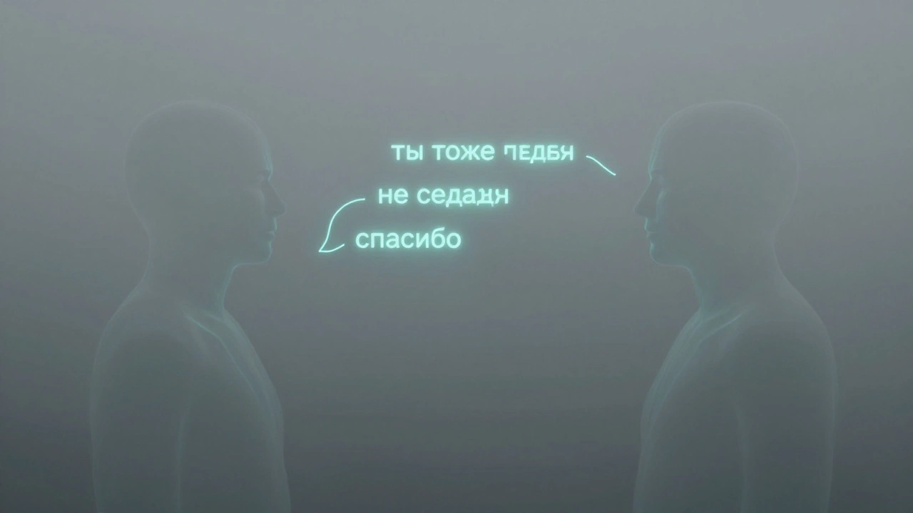 Два прозрачных силуэта, соединённые светящейся цепочкой сообщений в тумане, без лиц и тел, только слова.