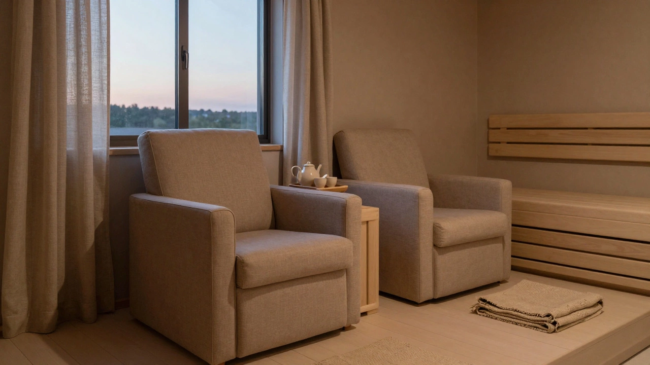 Комната отдыха с креслами, чайником и тишиной после сауны.