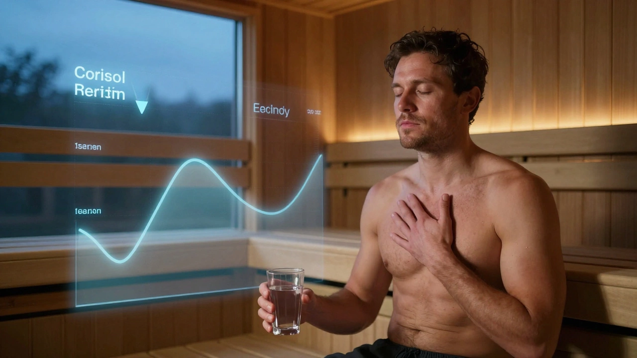 Мужчина отдыхает после сеанса, вокруг него — символические графики снижения стресса и улучшения гормонов, тихая атмосфера.