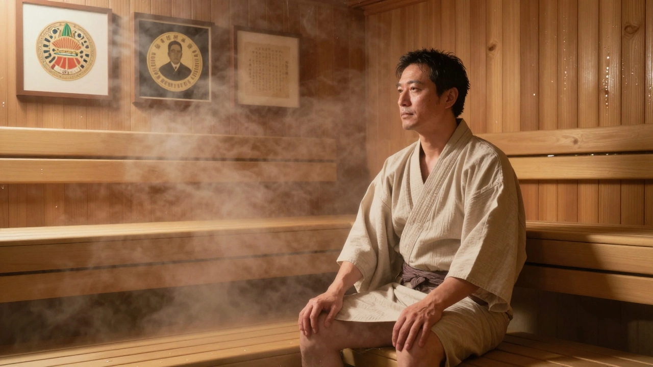 Мужчина отдыхает в традиционной японской сауне, пар поднимается вокруг него в тишине.
