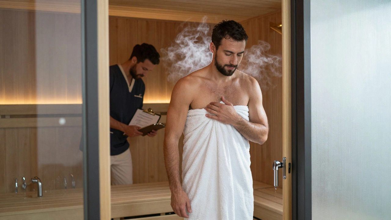 Мужчина после массажа в сауне, улыбается, завернут в полотенце, рядом видны сертификаты массажистки.