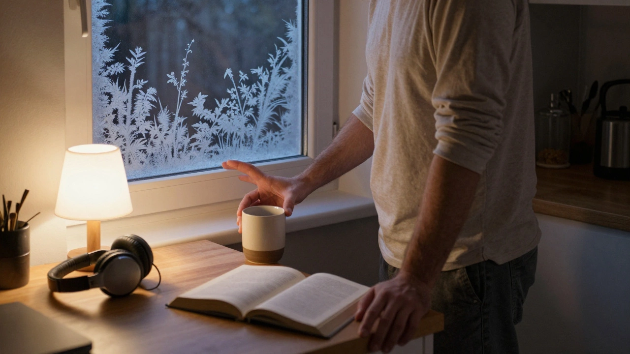 Мужчина у кухонного окна ночью, держит кружку, смотрит на узоры на стекле.