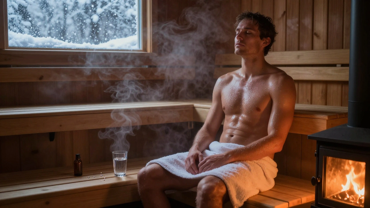 Мужчина в деревянной сауне, пар поднимается вокруг него, лицо спокойно.