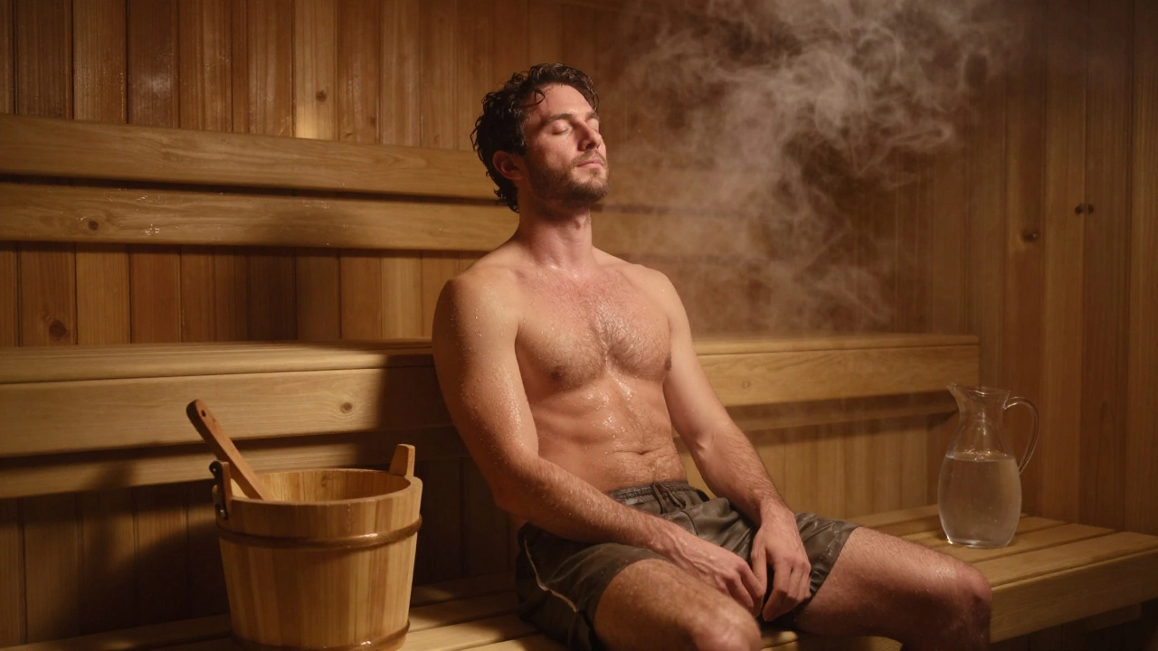 Мужчина в сауне с закрытыми глазами, пар поднимается вокруг, тишина и покой.