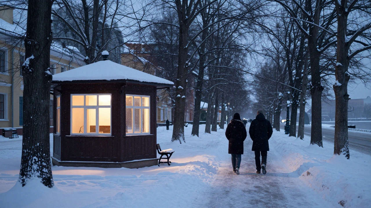 Пара гуляет по снежной набережной Острова Канта в тихую зимнюю ночь.