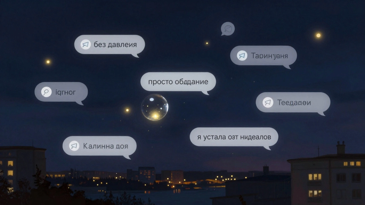 Плывущие в ночном небе чат-пузыри с текстом 'без давления' и 'я тоже здесь', как светлячки над городом.