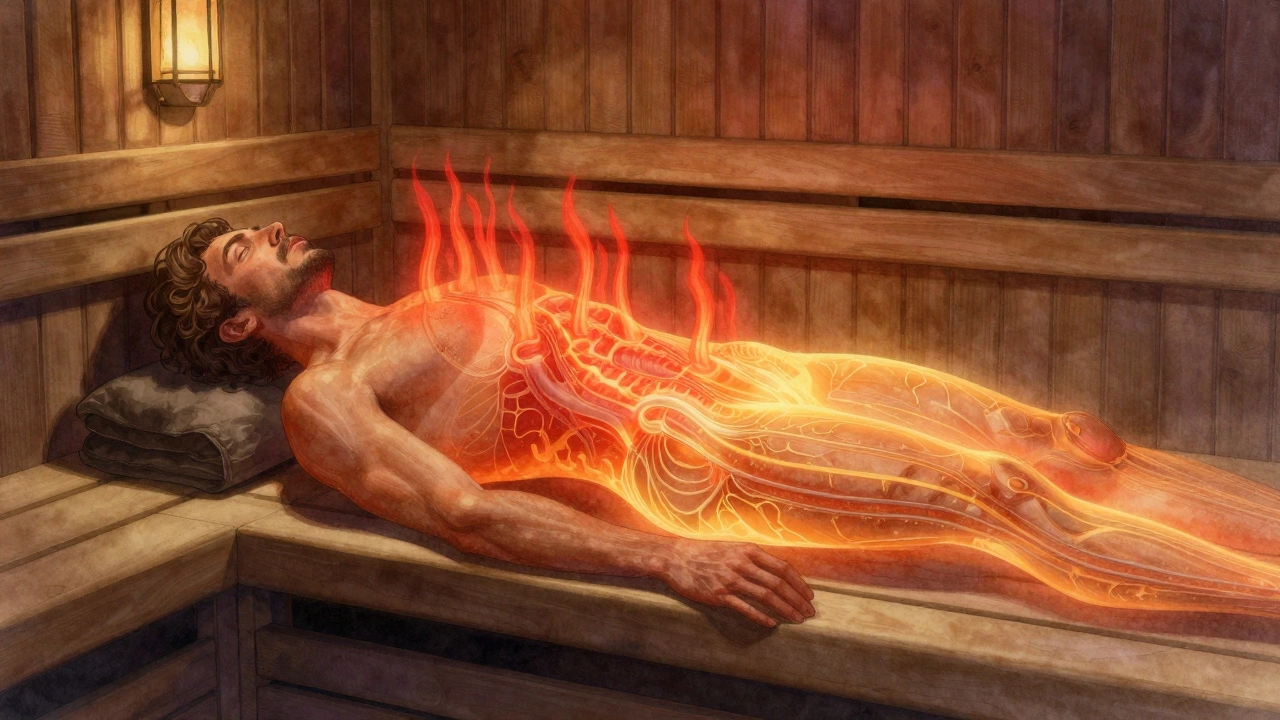 Разогретое тело мужчины в сауне с визуализацией кровотока и лимфатического дренажа, теплые тона, художественный стиль.