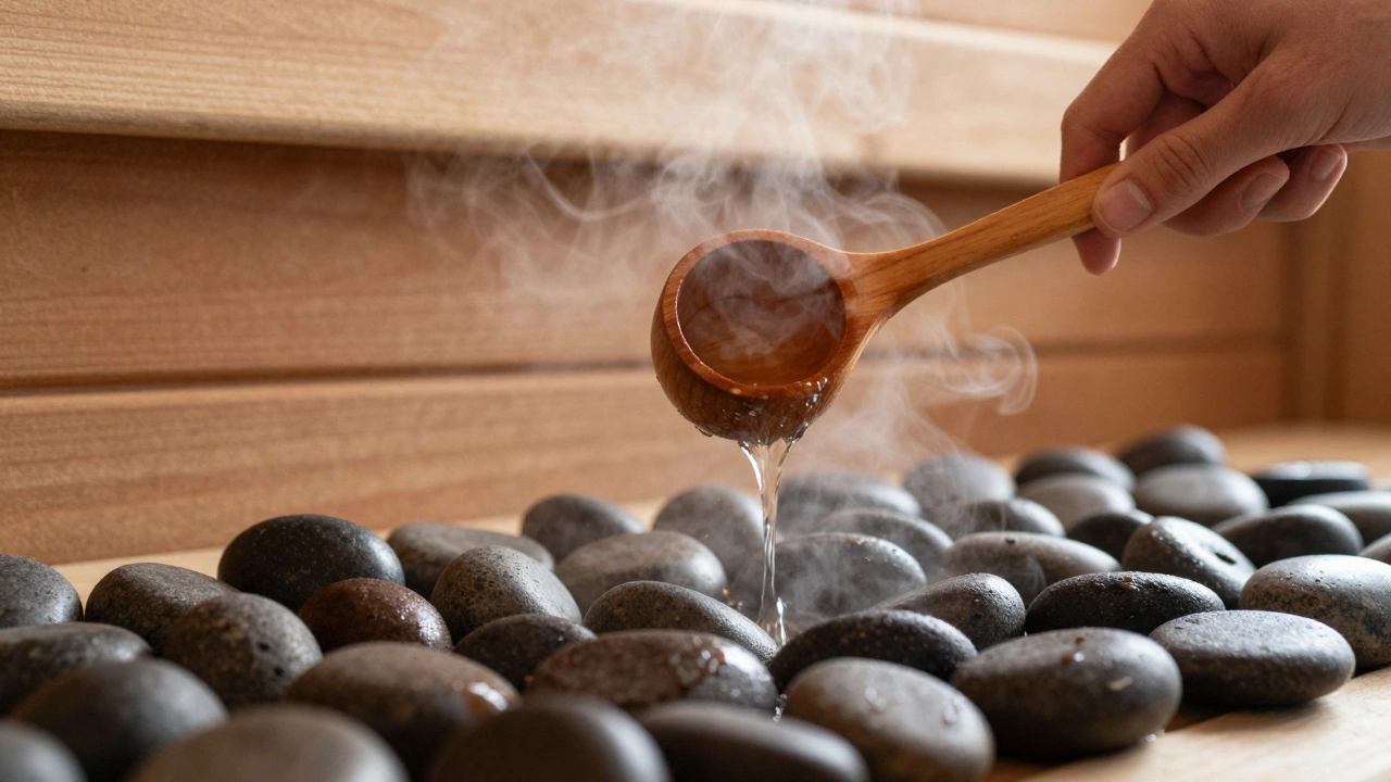 Руки льют воду на нагретые камни, создавая тихий пар, как утренний туман.