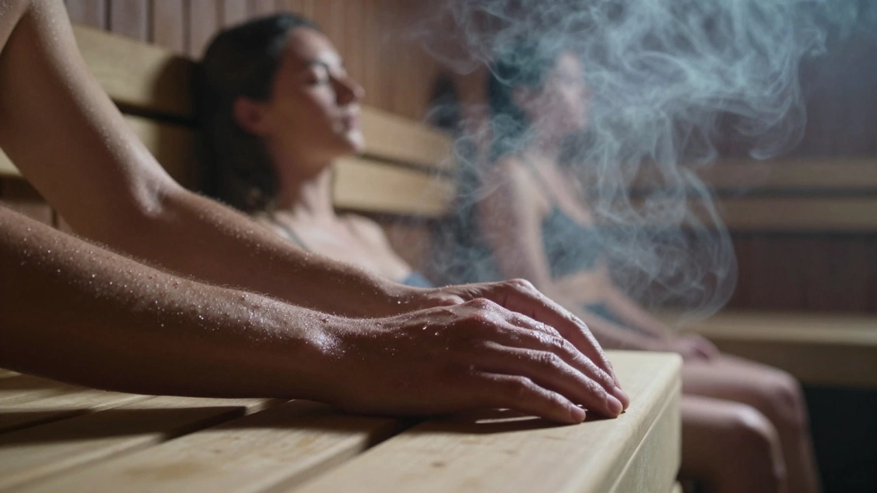 Руки на деревянной скамье в сауне, пот и пар, вокруг — тихие силуэты.