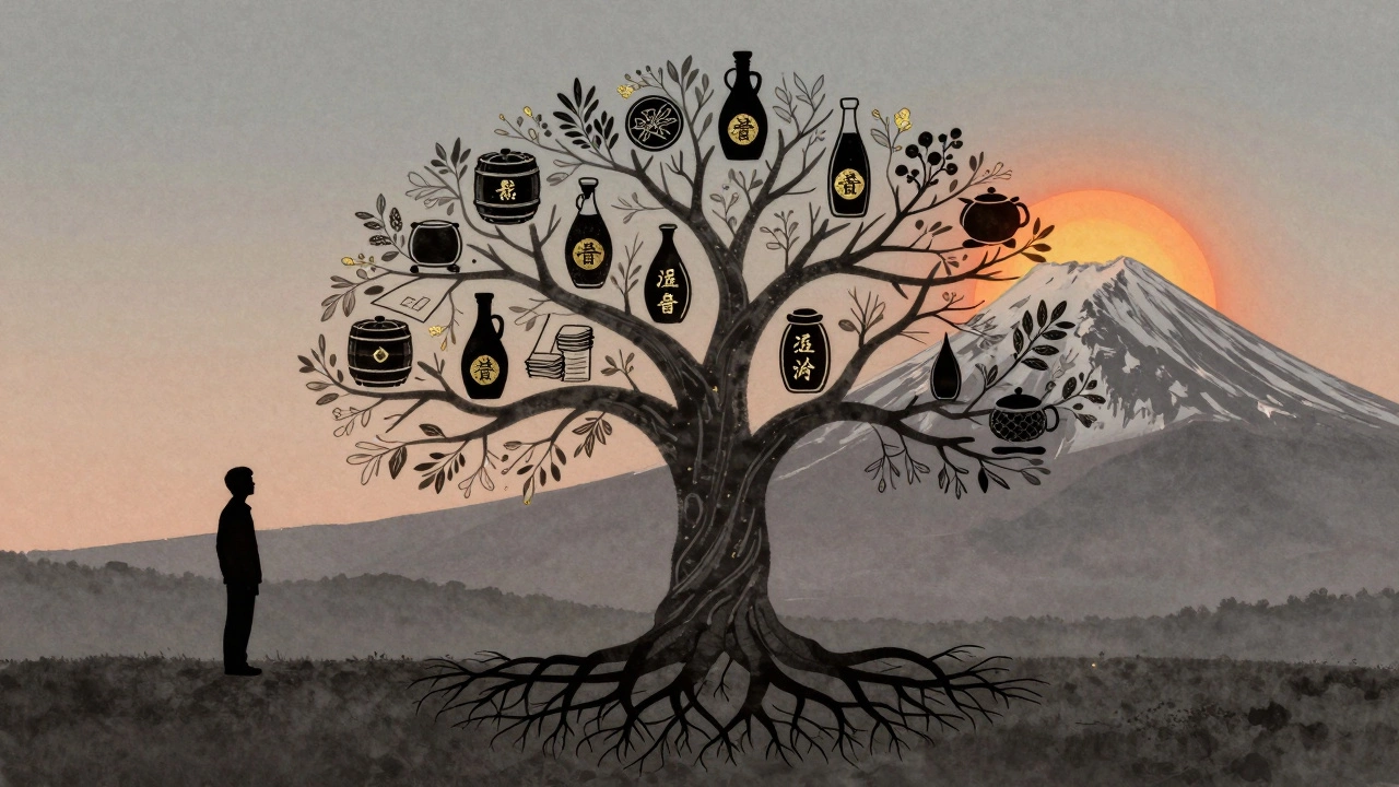 Силуэт мужчины сливаются с древним семейным деревом, символизируя наследие.