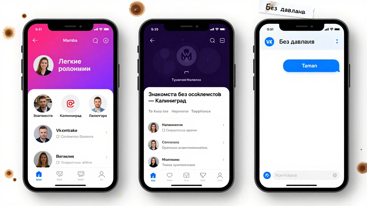 Три приложения для знакомств на экране телефона: Mamba, ВКонтакте, Tantan — без подписок.