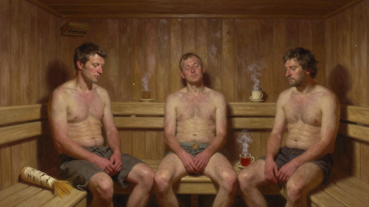 Трое мужчин молча сидят в сауне, ни слова, только тепло и умиротворение.