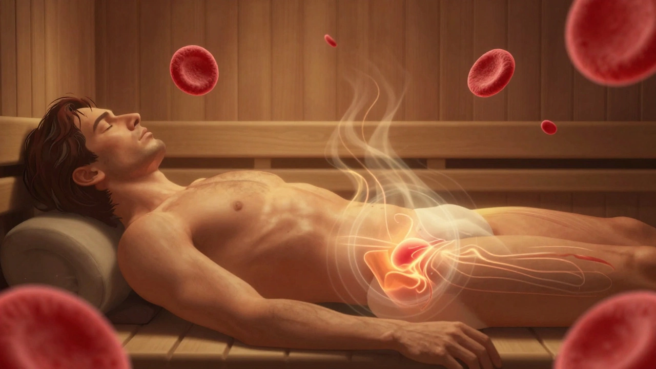 Анатомическая иллюстрация мужского тела с потоками крови и теплом в области таза.