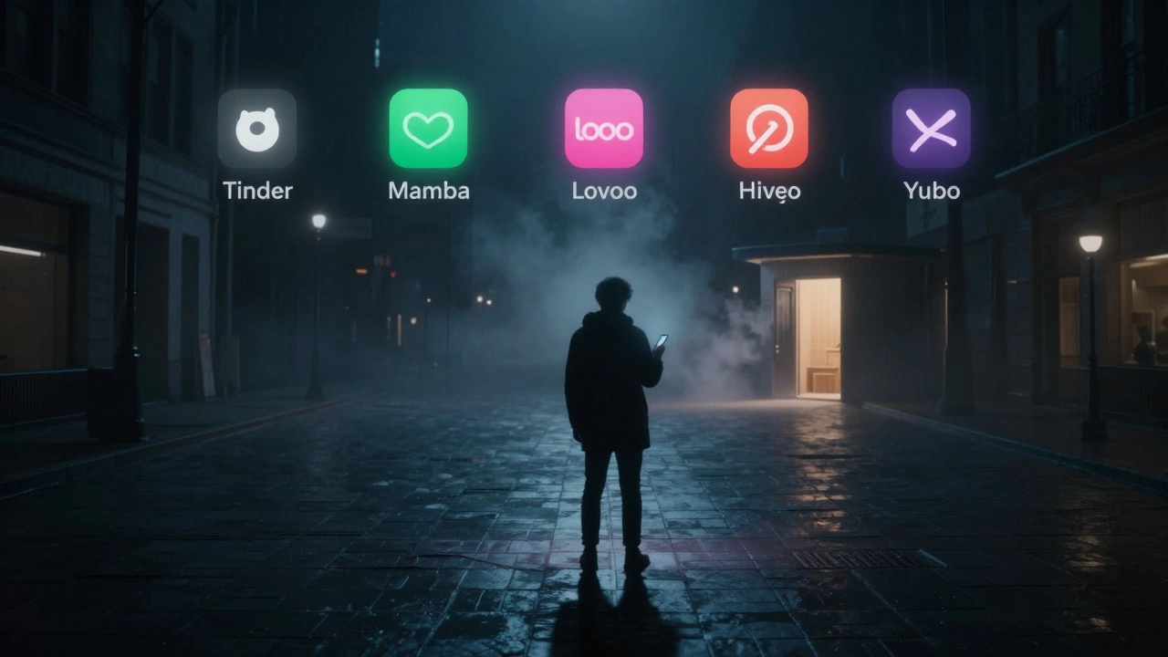 Человек в туманном городе стоит перед пятью светящимися приложениями, путь ведет к парящей сауне — символ поиска искренних связей без обязательств.