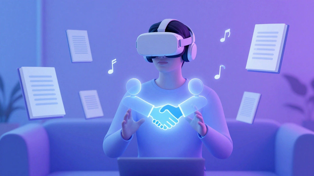 Человек в VR-шлеме в спокойной комнате, вокруг — абстрактные книги и музыкальные ноты, цифровое рукопожатие.