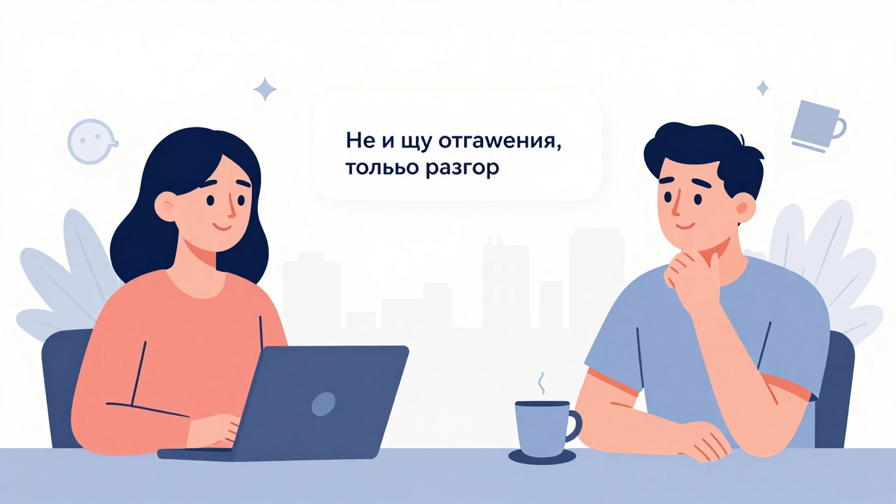 Два человека общаются через Ok.ru — текст сообщений и символы дружбы вокруг них в мягких тонах.