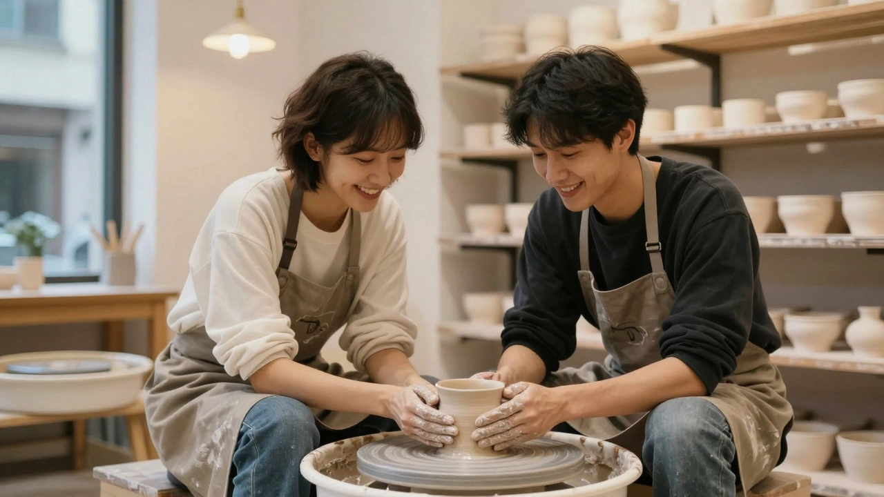 Двое лепят керамику в студии, руки в глине, улыбаются, рядом — полки с незаконченными изделиями.